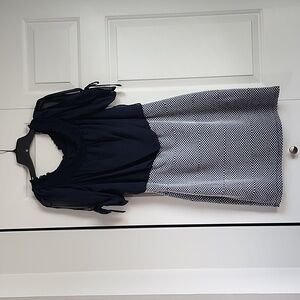 Navy blue and white form fitted wear to work cold shoulder dress
